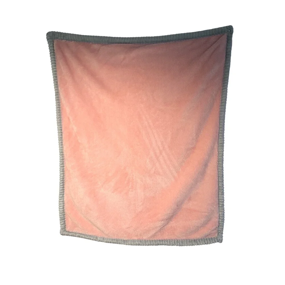 Chickpea Baby Blanket Pink Sherpa Fleece Reversible Grey Ribbed Trim 30x36‎